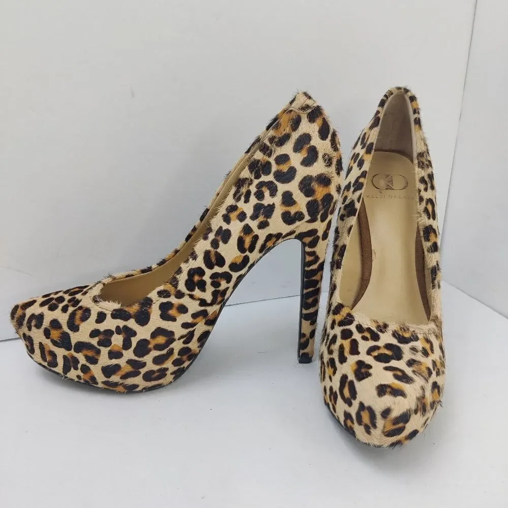 Kelsi Dagger 'Brette' Leopard Print Calf Hair Leather Platform Stiletto Sz 6